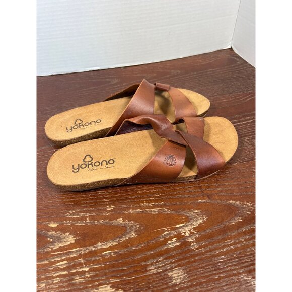 Yokono Womens Brown Leather Sandals With Cork Sole Slip-On Size 8 - Picture 4 of 5